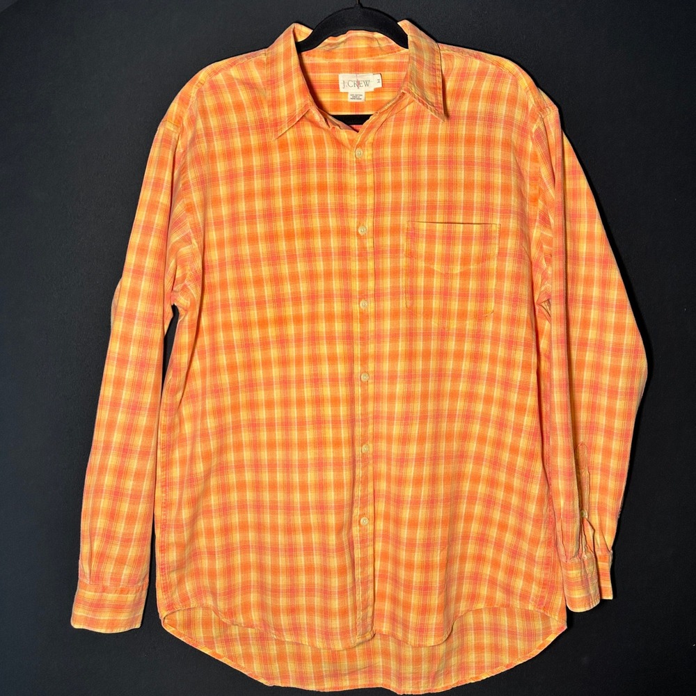 90s J Crew‎ Shirt Mens M Orange Oarsman Plaid Check Textured Cotton Hong Kong